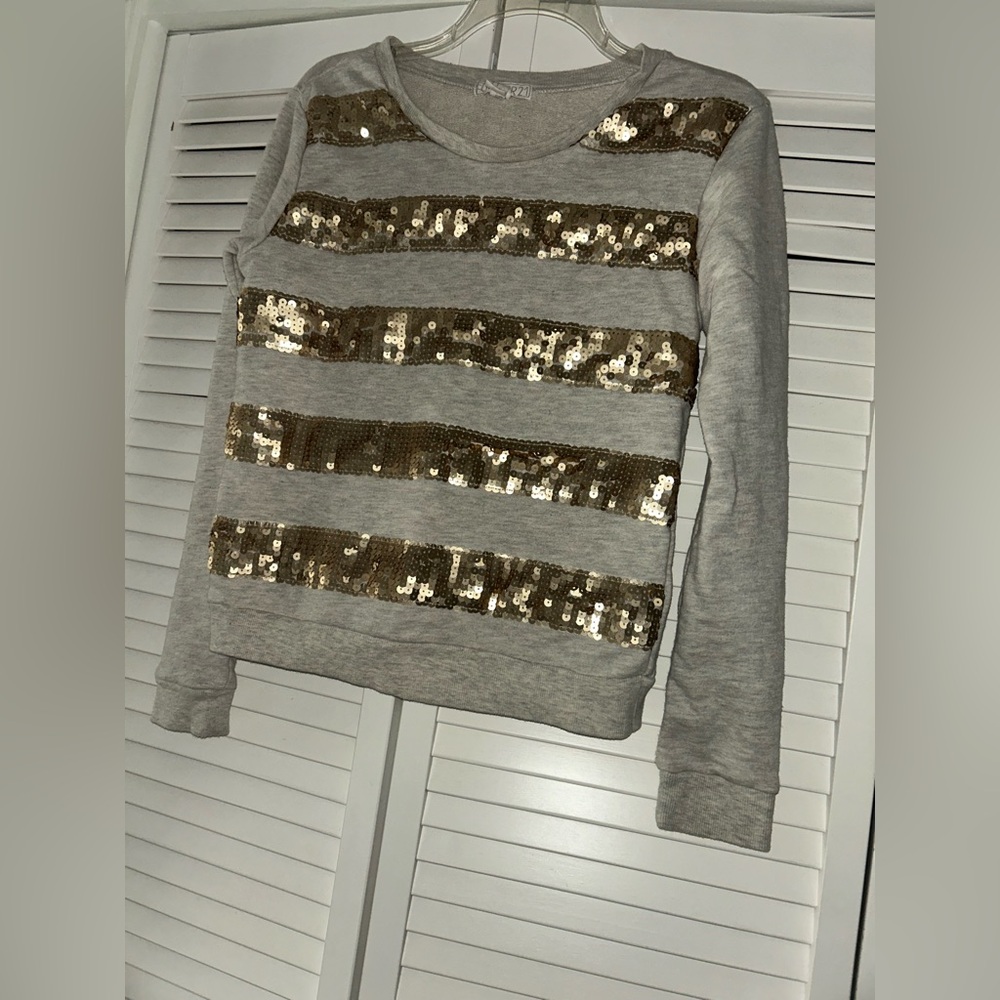 Tan and Gold Sequin Striped Sweatshirt